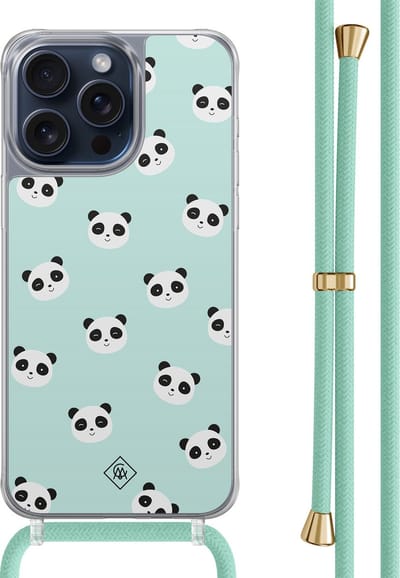 Casimoda® hoesje met mintgroen koord - Geschikt voor iPhone 15 Pro Max - Panda Print - Afneembaar koord - TPU/polycarbonaat - Mint
