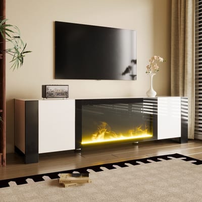 REDOM TV-meubel 165x32x55 cm van spaanplaat en metaal, hoogglans wit en zwart, met decoratieve elektrische haard