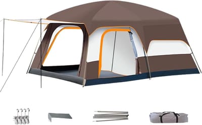 Familietent - Huttent Kampeertent - Buitenavontuur - Meerkamer ontwerp - 310 x 210 x 180 cm - Bruin