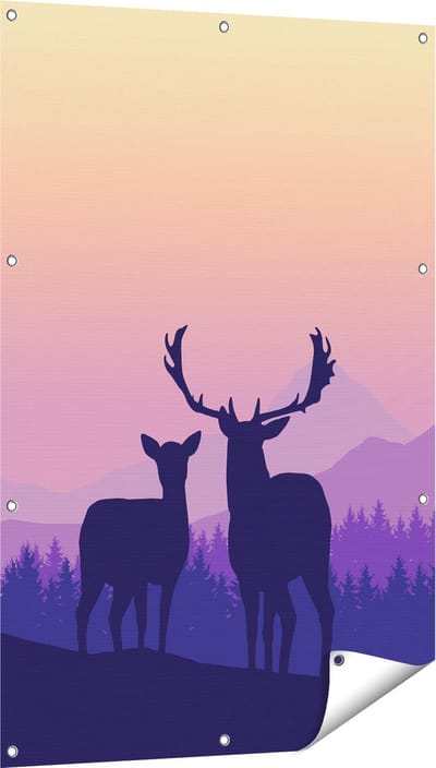 Gards Tuinposter Twee Herten - Zonsondergang - Silhouet - 80x120 cm - Tuindoek - Tuindecoratie - Wanddecoratie buiten - Tuinschilderij