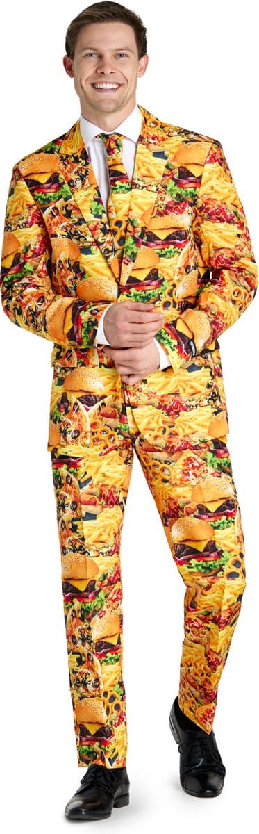 Suitmeister Snack Master - Heren pak - Carnavalskleding - Snack Kostuum - Inclusief Pantalon, Blazer en Stropdas - Geel - Maat S