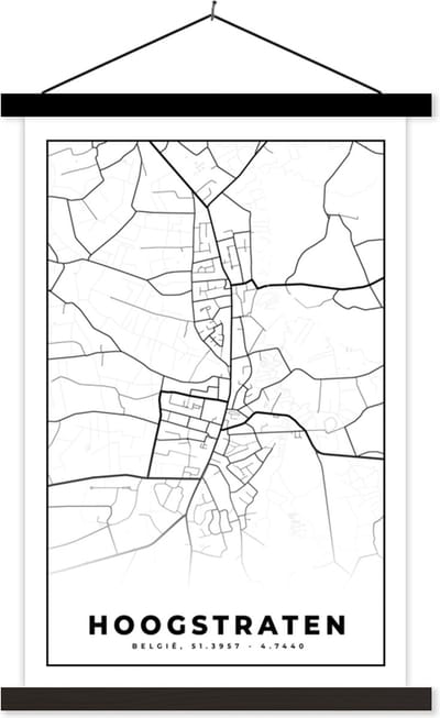 Posterhanger incl. Poster 40x60 cm - Schoolplaat - België – Hoogstraten – Stadskaart – Kaart – Zwart Wit – Plattegrond - Textielposter - Zwarte latten - Stadskaart