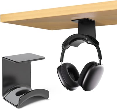Koptelefoonstandaard - Muurbevestigde Haakhouder voor Koptelefoons - Geen Boorwerk Nodig - Geschikt voor Onder het Bureau - Sterke Kleefbare Bevestiging - Compacte Afmeting 6,5 × 5,5 × 7,6 cm - Zwarte Finish