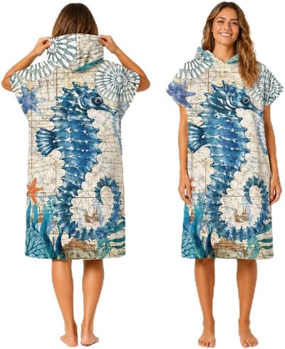 Geprinte Strandponcho met Capuchon, Ultralicht en Sneldrogend Microvezel voor Mannen, Vrouwen en Kinderen, Ideaal voor Zwemmen en Surfen