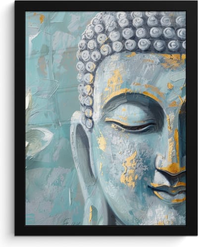 Poster in lijst - Fotolijst 30x40 cm - Posters - Boeddha - Bloem - Lotus - Goud - Blauw - Posterlijst zwart - Decoratie - Wanddecoratie woonkamer - Muurdecoratie slaapkamer