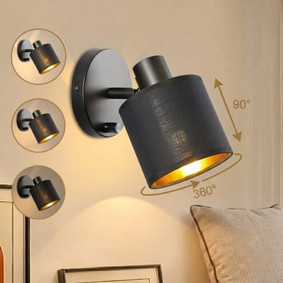 MUPOO wandlamp binnen met Linnen Kap met 360° Draaibaar & 90° Kantelbaar- Hotel Chique Verstelbaar Dimbare E27 bedlampje wand met Schakelaar-nachtlampje Voor Slaapkamer Woonkamer Gang Hal -Zwart-1 stuk