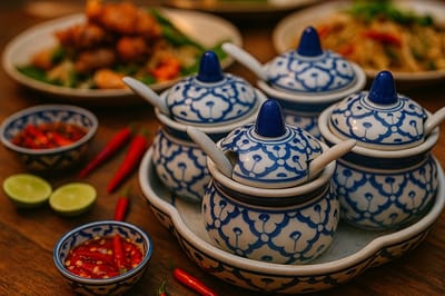 Sauspotjes met Deksel – Thaise Kruidenset – Handgemaakt Blauw-Wit Servies met Ananasmotief