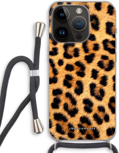 Case Company® - Hoesje met koord geschikt voor iPhone 14 Pro hoesje met Koord - Luipaard - Telefoonhoesje met Zwart Koord - Bescherming aan alle Kanten en Over de Schermrand