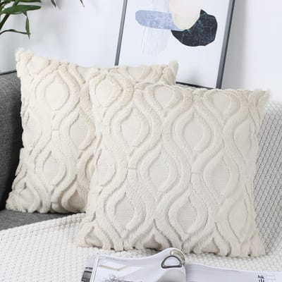 Famanu - Set van 2 kussenslopen van wol 50 x 50 cm beige gebreid fluweel elegant sierkussen pluizig sier kussenhoezen bontkussenhoezen voor woonkamer kussensloop bankkussen knuffelig kussen