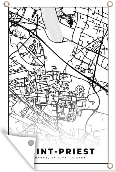 Muurdecoratie Plattegrond – Saint-Priest - Kaart – Frankrijk – Stadskaart - Zwart wit - 120x180 cm - Tuinposter - Tuindoek