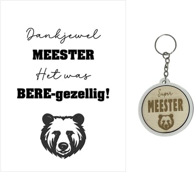 Sleutelhanger en kaartje MEESTER | BEER | wit | bedankt meester| jij bent de liefste | liefste juf | topjuf | einde schooljaar | cadeau