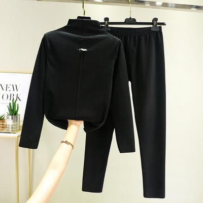Dubbelzijdige Velvet Tweedelige Set Herfstkleding en Broek Dames Halfhoge Hals Warme Top met Lange Mouwen Effen Kleur Onderhemd Herfst en Winter M black