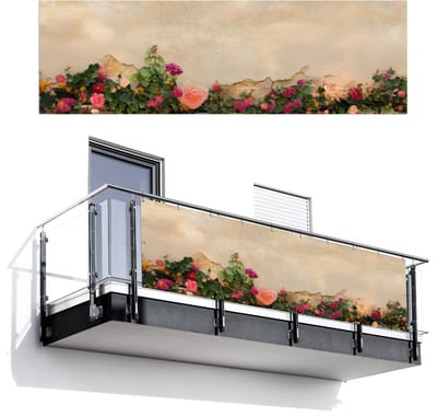 Balkonscherm 300x95 cm - Balkonposter Rozen - Muur - Vintage - Balkon scherm decoratie - Balkonschermen - Balkondoek zonnescherm