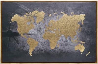 Wereldkaart Canvas - Wanddecoratie Kaart - Woonkamer Aankleden - Gedrukt Zilveren Frame - 88x58cm - Zwart