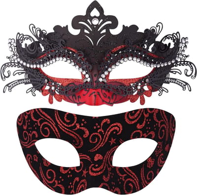 Elegante Venetiaanse Maskers voor Stellen - Geschikt voor Halloween, Carnaval en Feestjes - Zwart en Rood Metaal met Alloy Inleg