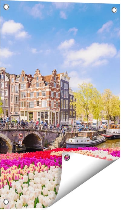 Gards Tuinposter Amsterdamse Huisjes aan de Grachten - 40x60 cm - Tuindoek - Tuindecoratie - Wanddecoratie buiten - Tuinschilderij