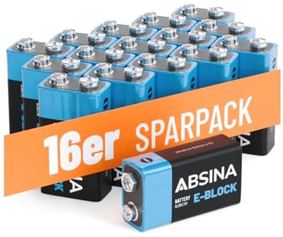 ABSINA Blokbatterij, alkaline, 9 V batterij, duurzaam en lekvrij voor rookmelders en nog veel meer, 9 volt blokbatterij, 9V-blok, blokbatterijen, 9 V, 9 V, blokbatterij, 9 V, blokbatterij, 9 V,
