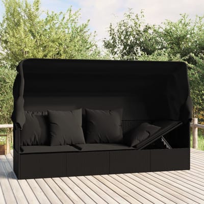 vidaXL - Loungebed - met - luifel - en - kussens - poly - rattan - zwart
