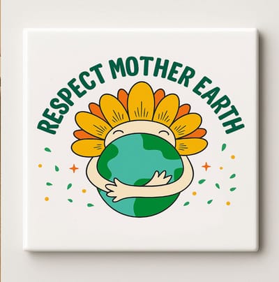 Respect Mother Earth Keramische Tegel – 15x15 cm Milieuvriendelijke Inspirerende Wandtegel – Perfect Cadeau voor Natuurliefhebbers & Duurzame Huisdecoratie