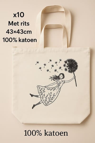 Katoenen Tas - Tote Bag - Naturel - 270gr katoenen - 43x43x10cm - Met rits - 10 Stuks - Canvas Tas - Boodschappentas - Draagtas - Schoudertas & handtas - Duurzaam - Handig - Strandtas - Met de afbeelding van een meisje in de wind.