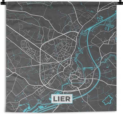 Wandkleed - Wanddoek - België – Lier – Stadskaart – Kaart – Blauw – Plattegrond - 180x180 cm - Wandtapijt