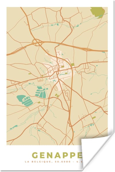 Poster Kaart - Vintage - Plattegrond - Stadskaart - België - Genappe - 120x180 cm XXL