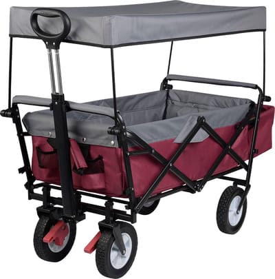 BukkitBow - Opvouwbare Bolderkar Met Dak - Inklapbare Handkar met Stalen Frame - Massief Rubberen Wielen - Tot 80 kg Belasting - Rood