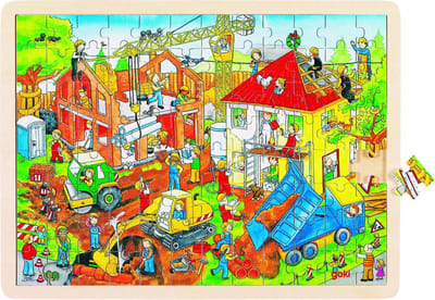 GOKI Puzzel - Bouwwerf - 96 Stukjes - 40X30X0,8Cm - Hout - 3 Jaar