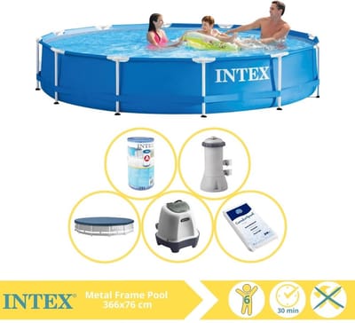 Intex Rond Frame Zwembad - 366 x 76 cm - Blauw - Inclusief Pomp - Afdekzeil - Filter - Zoutwatersysteem - Zwembadzout - 6-delig