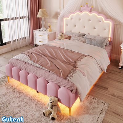 Gutent Kinderbed - 140 x 200 cm - Zonder matras - met sfeerlicht, kroonprinsesvorm - PU-materiaal - Roze
