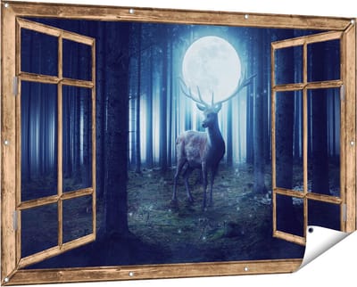 Gards Tuinposter Doorkijk Hert in het Bos tijdens Volle Maan - 150x100 cm - Tuindoek - Tuindecoratie - Wanddecoratie buiten - Tuinschilderij