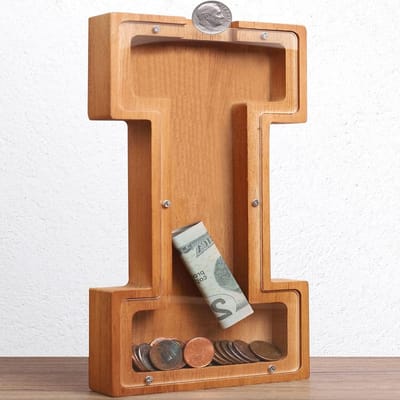 Houten Spaarvarken - Muntbank Kinderen - Geld Leren Sparen - Gepersonaliseerde Letter - 25.4L x 23.9B x 4H cm