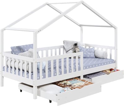 Huisbed ELEA, 90 x 200 cm, van massief grenenhout met lades - wit