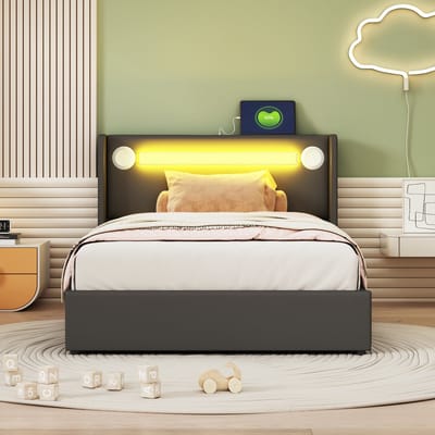 STILVORA Eenpersoonsbed 90x200cm – Gestoffeerd bed met LED-Lichtstrip & Bluetooth-speler – Hydraulische opbergruimte en 2 USB-poorten – PU-leer – Zwart – Zonder matras