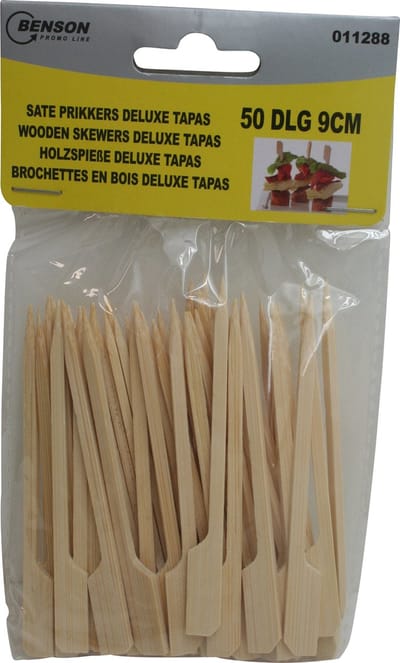 Benson Deluxe saté prikkers - hout - 9 cm - 50 stuks - wegwerpbaar