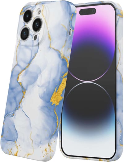 Smartphonica Telefoonhoesje Geschikt voor iPhone 14 Pro Max met Lichtblauw Goud Marmer Opdruk - Flexibel Softcase TPU - Backcover Case Lightblue Gold Marble Design geschikt voor iPhone 14 Pro Max