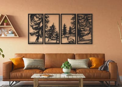 Metalen Wanddecoratie Mountain Forest – 3D Wandkunst – Zwart – 70 x 150 cm