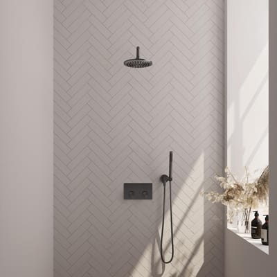 Brauer Gunmetal Carving Thermostatische Regendoucheset Inbouw - Hoofddouche 20 cm - Gebogen Wandarm - Met Drukknoppen - Handdouche Staaf - Doucheslang - Wandaansluitbocht - Gunmetal