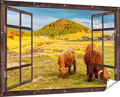 Gards Tuinposter Doorkijk Twee Schotse Hooglanders bij een Dorp - 180x120 cm - Tuindoek - Tuindecoratie - Wanddecoratie buiten - Tuinschilderij