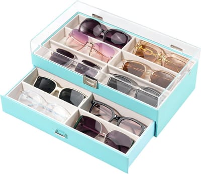 SnelShoppen - Luxe Bril Etui met 2 Laag, Kunstlederen Zonnebril Doos met 12 Compartimenten, Organizer voor Dames, Blauw voor Zonnebrillen en Sieraden