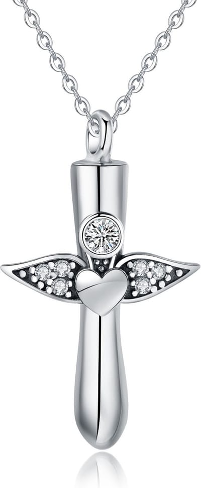 Assieraad Zilver (925) Kruis Met Engelen Vleugels & Zirkonia Stenen Met Ketting