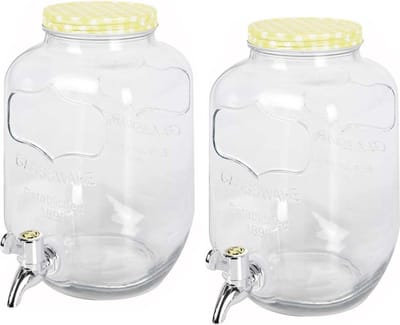 2x stuks glazen drankdispensers/limonadetap met geel/wit geblokte dop 4 liter - Tapkraantje