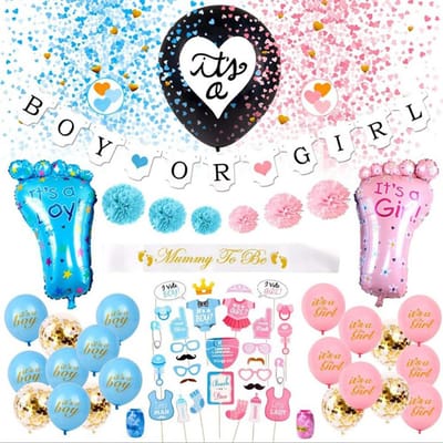 Kit de 69 pièces d'articles de fête pour révélation du sexe de bébé Ballon noir Confettis roses bleus Bannière Garçon ou Fille blue