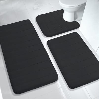 Zachte en Sneldrogende 3-Delige Geheugenfoam Badmat Set, Wasbaar en Antislip, Ideaal voor Douche, Toilet en Badkuip (Zwart)
