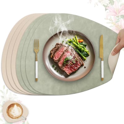GELLDG Kunstleren placemats - Set van 6 - Wasbaar placemats - Waterdicht - Leren buitenkant - Dubbelzijdig antislip - Ovaal - Lichtgroen + Wit