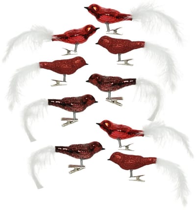 Decoris Decoratie vogels - 9x st - op clip - rood - 8 cm - glas - kerstornamenten - Decoratievogeltjes - bruiloft versiering
