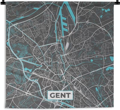 Wandkleed - Wanddoek - België – Gent – Stadskaart – Kaart – Blauw – Plattegrond - 180x180 cm - Wandtapijt