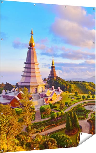 Gards Tuinposter Pagode Tempels in de Inthanon Berg in Thailand - 120x160 cm - Tuindoek - Tuindecoratie - Wanddecoratie buiten - Tuinschilderij