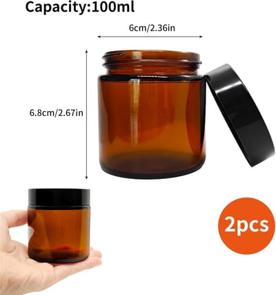 Candala Set van 2 cosmetische Amber glazen containers, 100 ml, ronde bruine lege dozen met deksel en voering, ideaal voor crèmes, lotions en etherische oliën, uv-bescherming en lekvrij