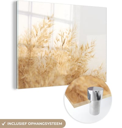 MuchoWow® Glasschilderij 120x90 cm - Schilderij acrylglas - Tarwe - Natuur - Zon - Foto op glas - Schilderijen